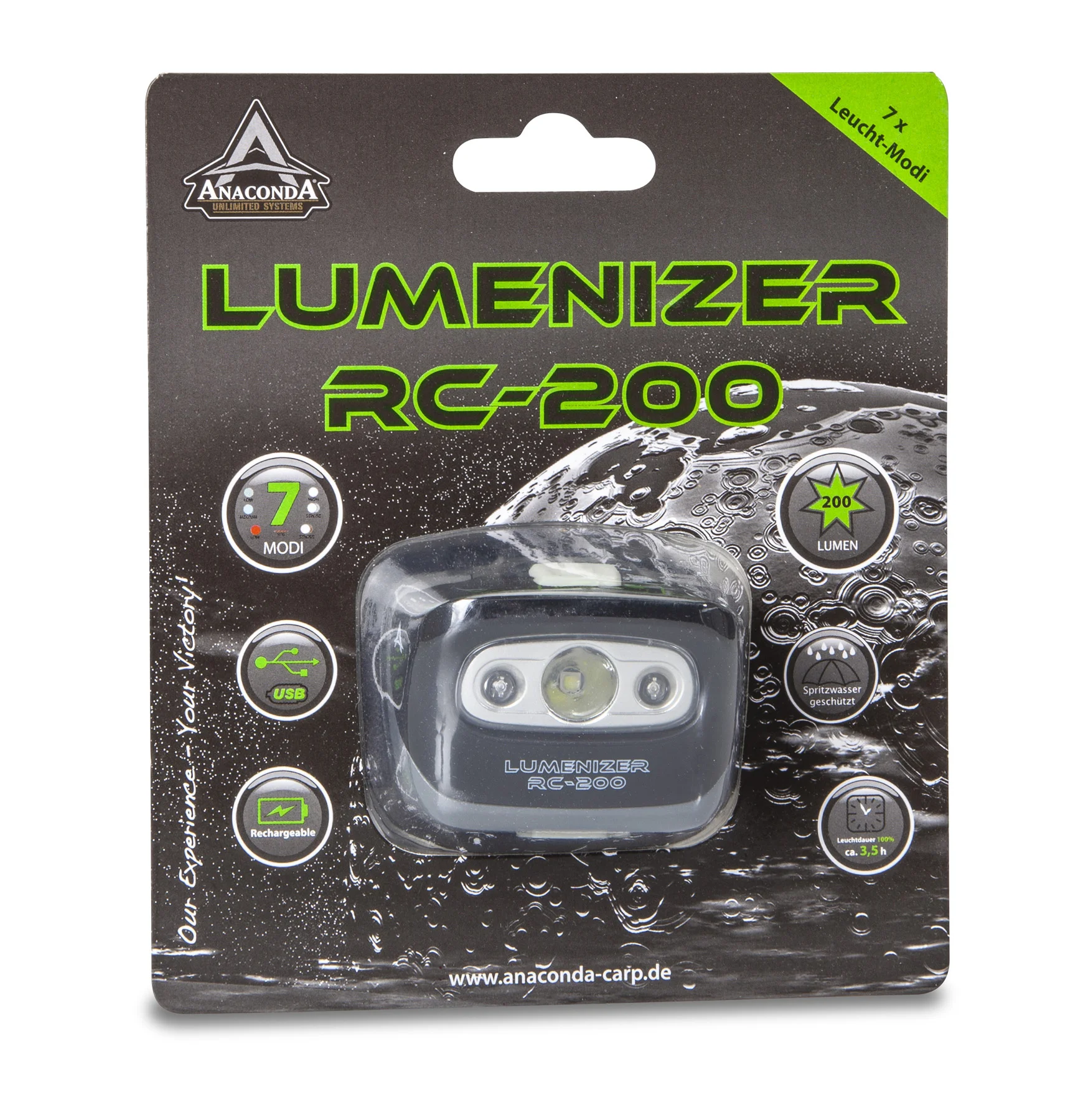 ANACONDA Lumenizer RC-200 Kopflampe mit USB-Anschluß und Akku Verpackung