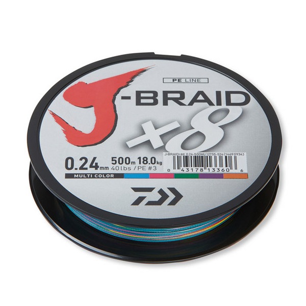 DAIWA J-Braid X8 multi color 0.20mm 16.0kg 1500m, geflochtene Angelschnur DAIWA J-Braid X8 multi color 0.20mm 16.0kg 1500m, geflochtene Angelschnur