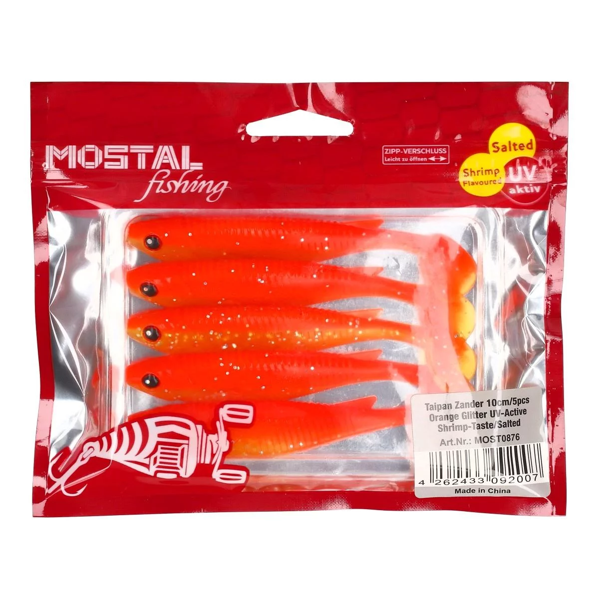 MOSTAL Taipan Zander 10cm / 8g 5 Stück Orange Glitter UV-Active