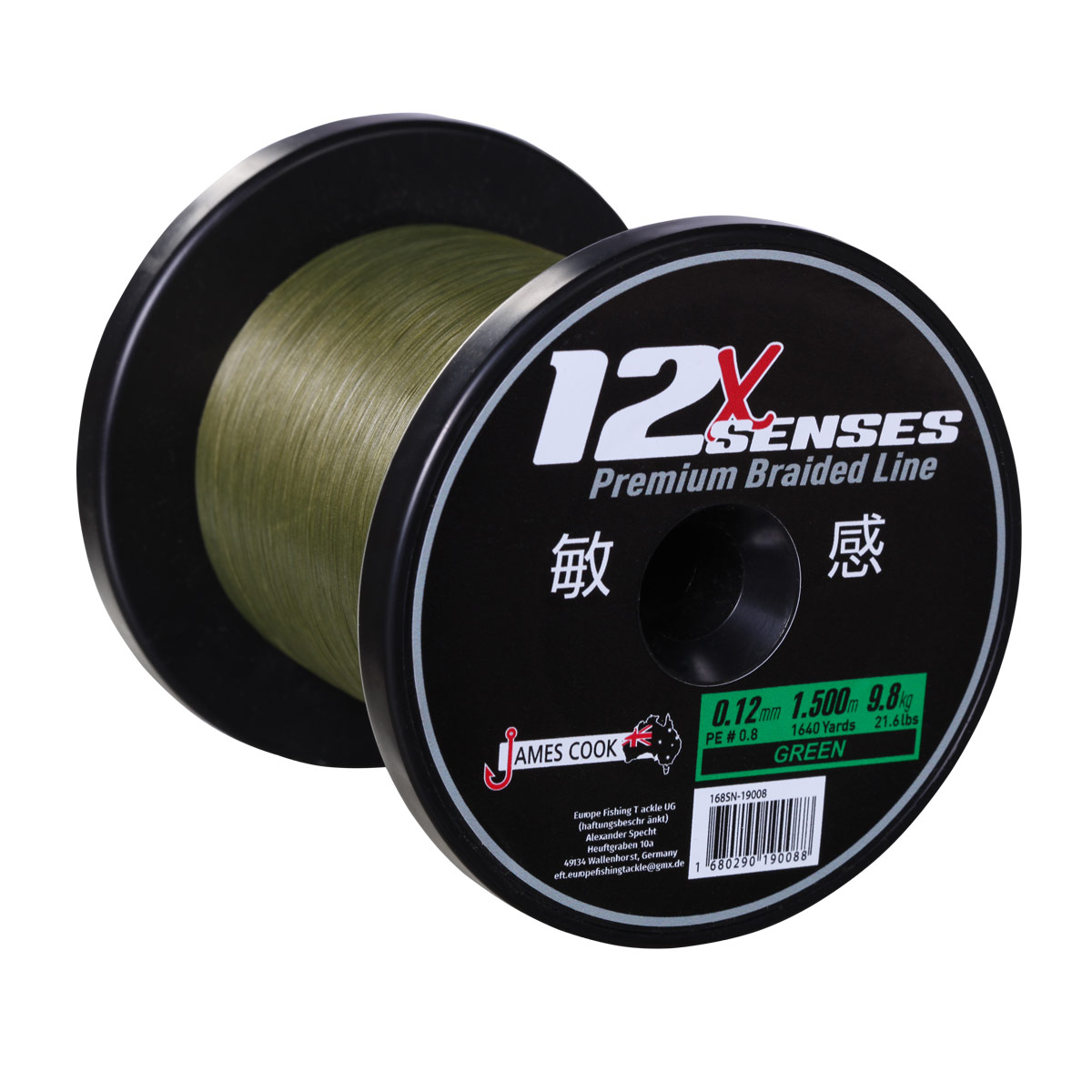 James Cook 12X Senses Premium Braid 0,18mm 1500m green 15,1kg geflochten James Cook 12X Senses Premium Braid 0,18mm 1500m green 15,1kg geflochten