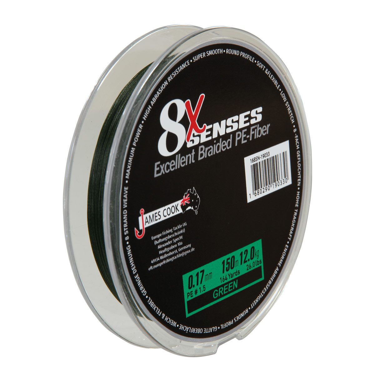 James Cook 8X Senses Braid 0,10mm 300m green 6kg geflochtene Angelschnur James Cook 8X Senses Braid 0,10mm 300m green 6kg geflochtene Angelschnur
