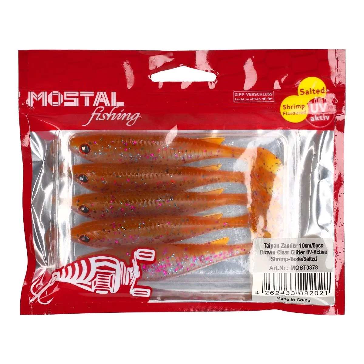 MOSTAL Taipan Zander 10cm / 8g 5 Stück Brown Clear Glitter UV-Activ