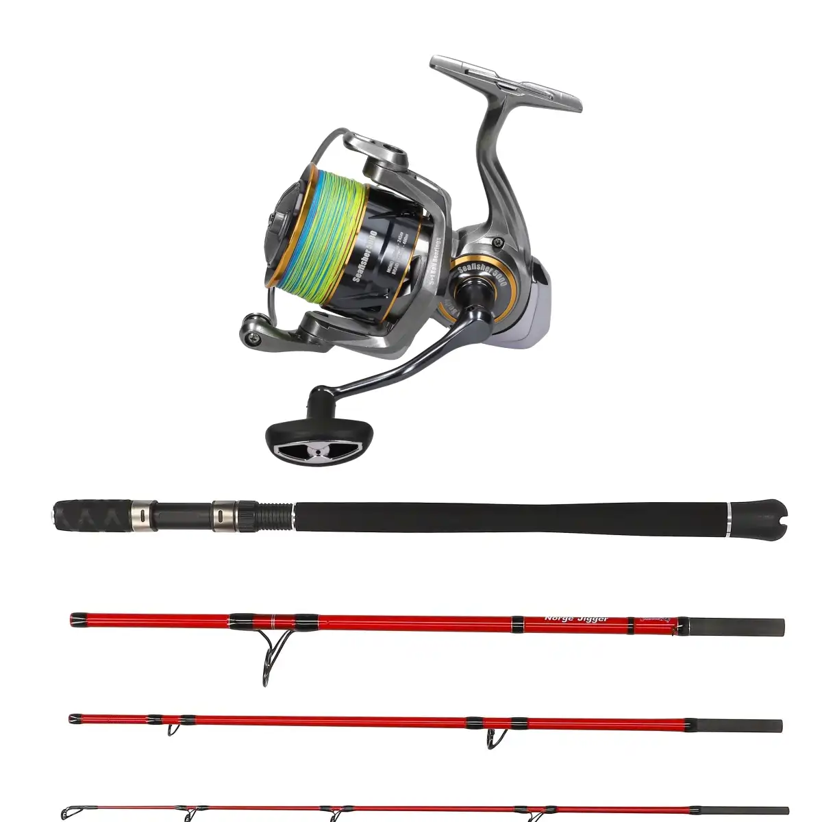 James Cook Norge Travel Jigger 2,16m 4pcs 50-250g Combo mit Seafisher 5000 Braid